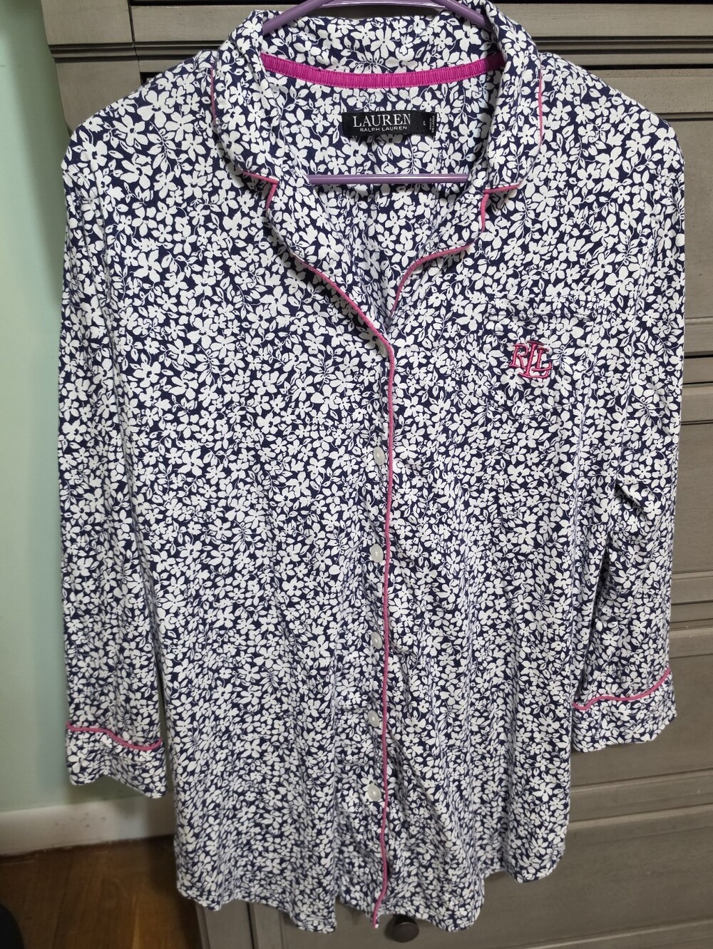 Ralph Lauren Navy and White Floral Pajama Top with Pink Piping